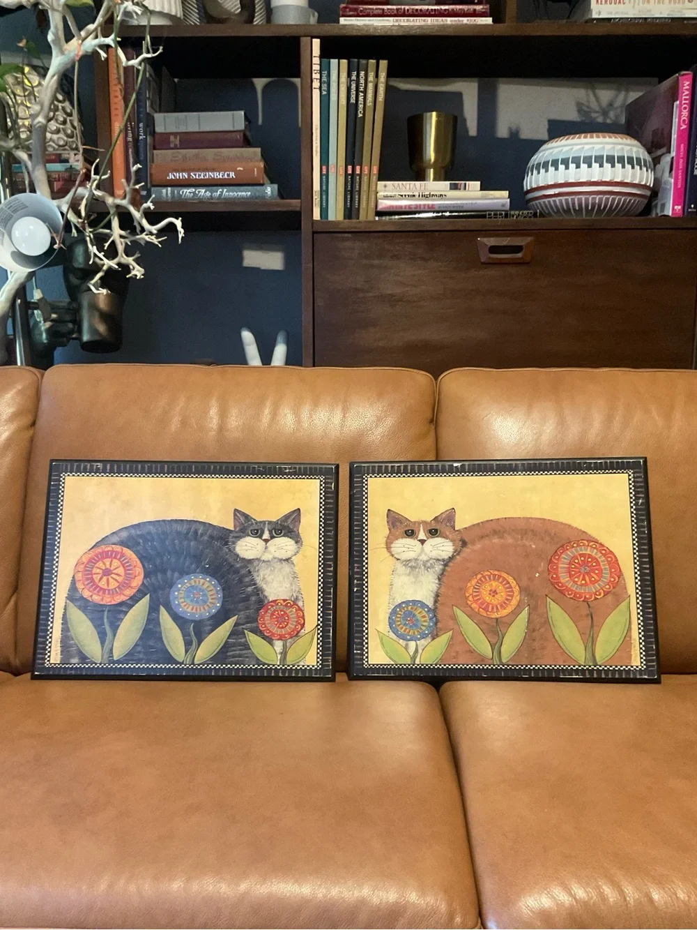 Solid wood Lisa Hilliker Folk Cottage Cat wall art Set 16” x 12”